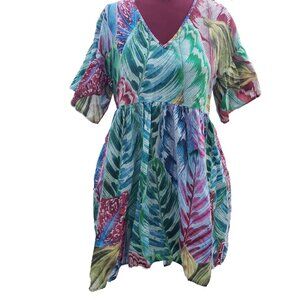 Meg Baby Doll Dress Multicolor Leaf Pattern Short Sleeve Hi Low V Neck Medium